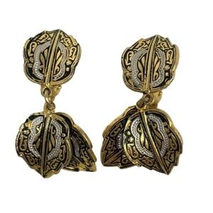 24KGP Leaf Design Dangle Drop Enamel Clip Earrings Spain Damascene